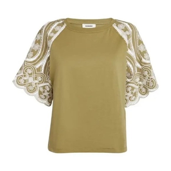 Sandro Broderie anglaise-detail shirt olive Lace Sleeve Women's Top - Picture 8 of 13